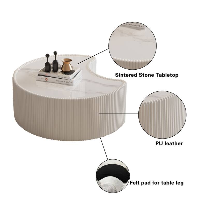Stylish Modern Coffee Table with Light Sintered Stone Top, Irregular Accents Table, Sofa Side Table with Faux Leather Frame