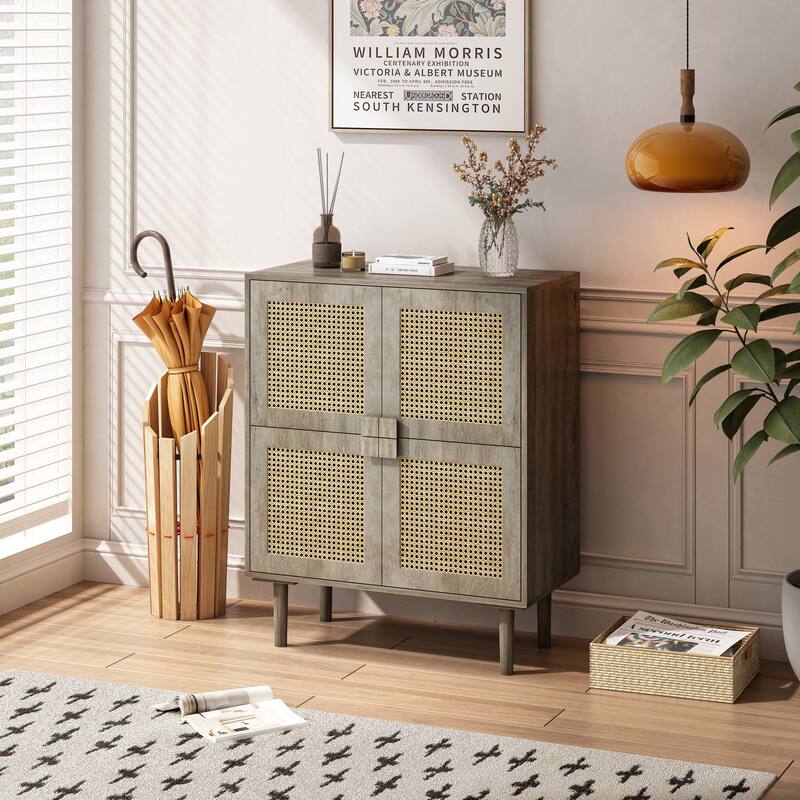 Modern Storage Cabinet with Adjustable Shelves and Four Rattan Mesh Decorative Doors