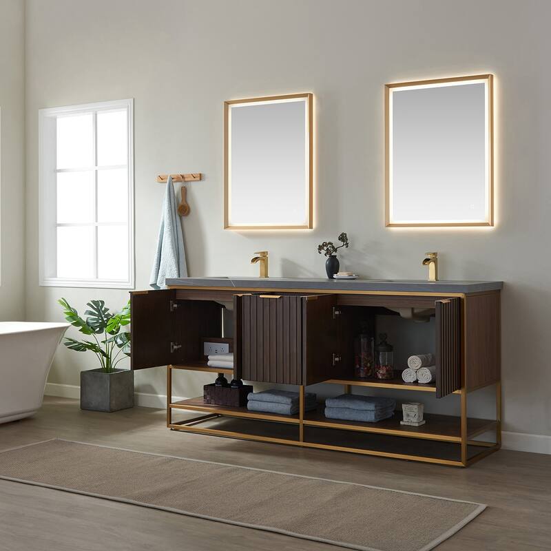 Donostia 72" Vanity in Walnut with stone countertop With Mirror