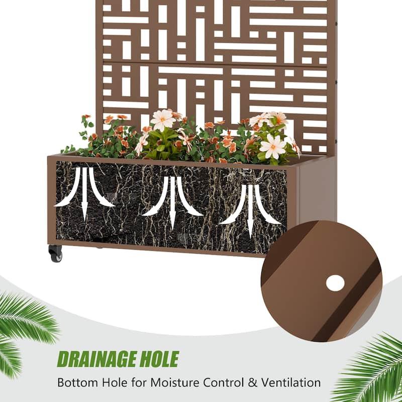 Metal Movable Planter Box with Trellis Privacy Screen Lockable Wheels