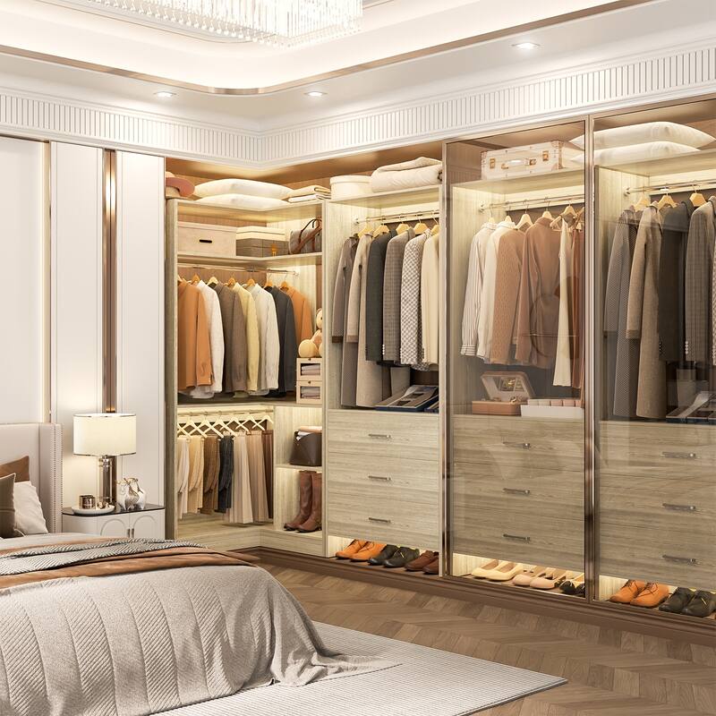 Set of 2 Freestanding Corner Closet Organizer with Drawers, Walk-in Closet System with Hanging Rods