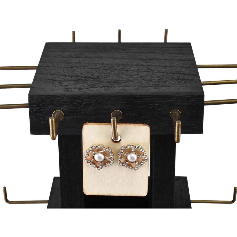 Natural Wood Rotating 36 Hooks Jewelry Tower