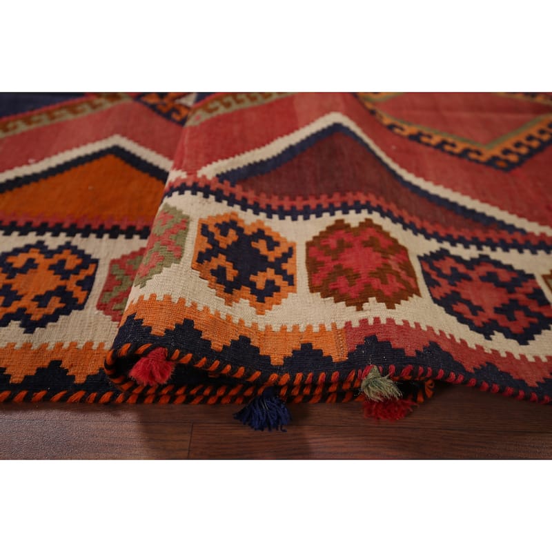 Vegetable Dye Red Kilim Qashqai Persian Antique Runner Wool Carpet - 3'9"x 8'6"