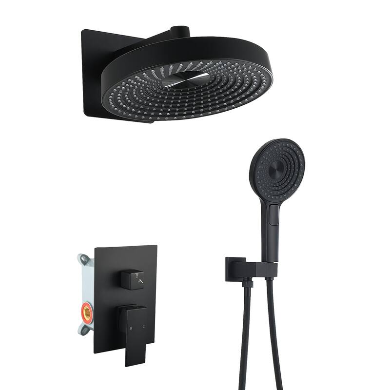 Modern Minimalist Concealed Shower System 2-Function Set - Solid Brass Control Valve, ABS Overhead & Handheld Shower - Matte Black