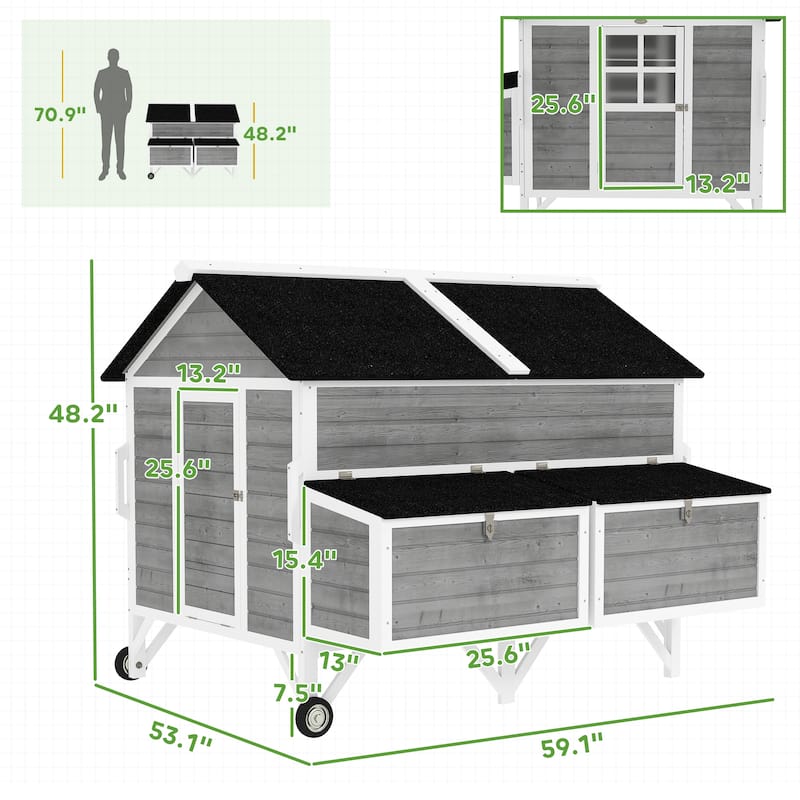 PawHut 59" Wooden Chicken Coop with Wheels and Handles, Mobile Chicken House with 2 Nesting Boxes, 2 Trays, 4 Perches