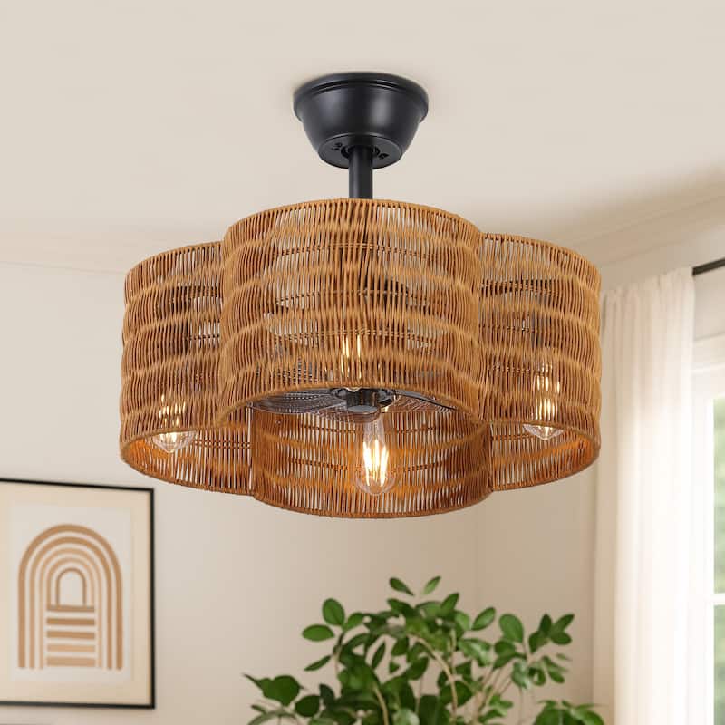 GetLedel 19.7" Scalloped Rattan Ceiling Fan with Remote and Light - Brown