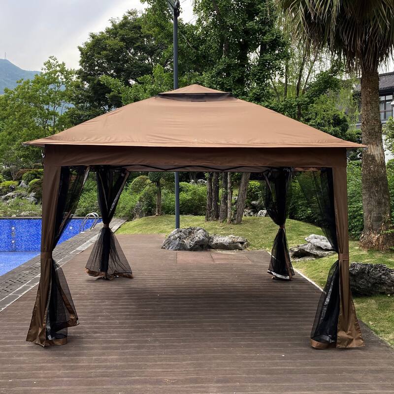 Outdoor Pop Up Gazebo with Removable Zipper Netting, 2-Tier Soft Top Event Tent Patio Shed, 11x 11 FT Heavy Duty Party Tent