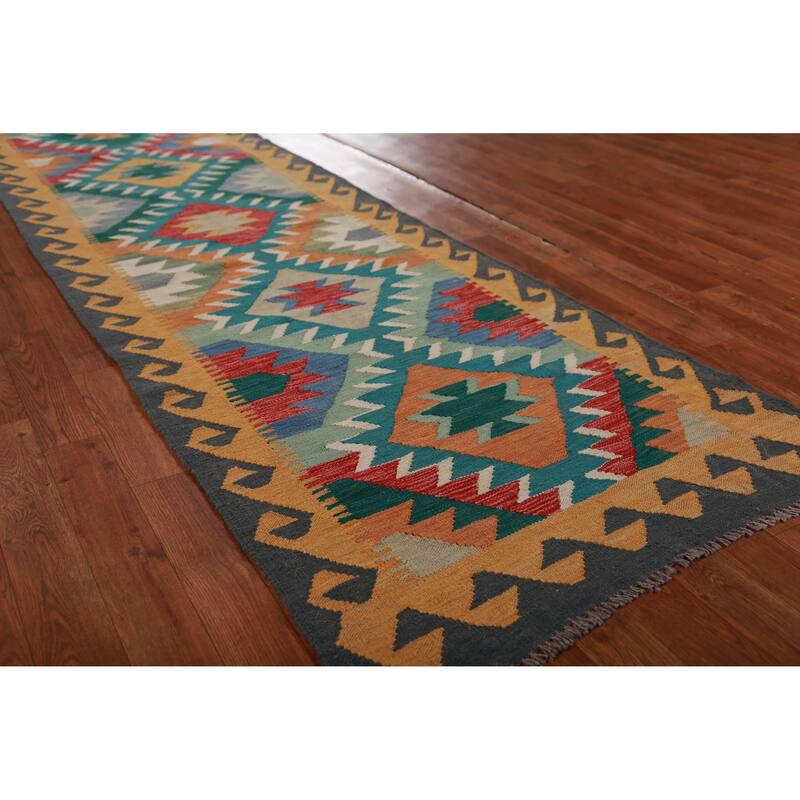 Hand Woven Oriental 100% Wool Carpet Southwestern Geometric Multi-Colored Kilim Runner Rug - 12' 8'' X 2' 9''
