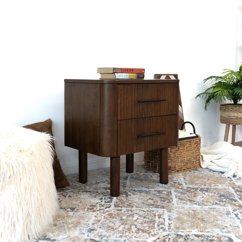 Ross Mid Century Modern Walnut Nightstand Bed Side Table with 2 Drawers