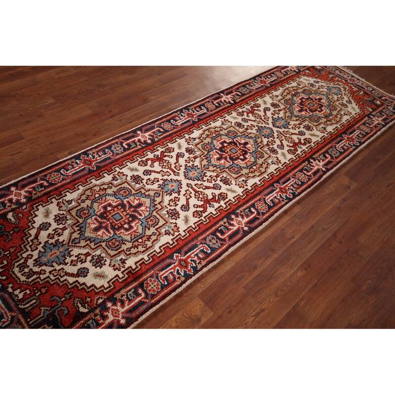Ivory Geometric Heriz Serapi Oriental Runner Rug Handmade Wool Carpet - 2'7"x 8'1"
