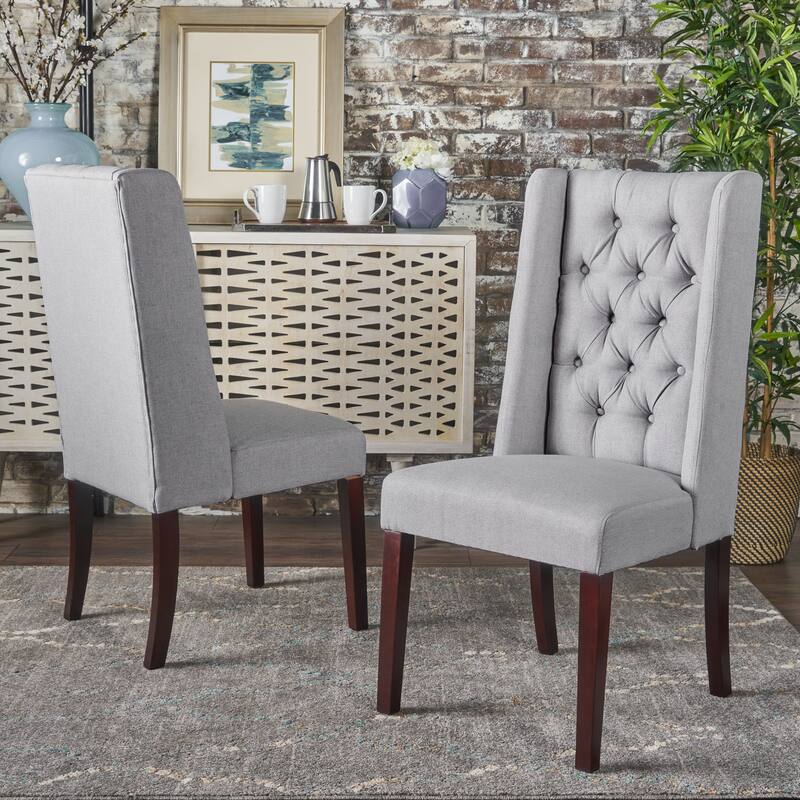 Wingback Upholstered Dining Chairs Set of 2, Fabric Side Dining Room Chairs with Tufted Button, Home Kitchen Wood Chairs - Light Gray