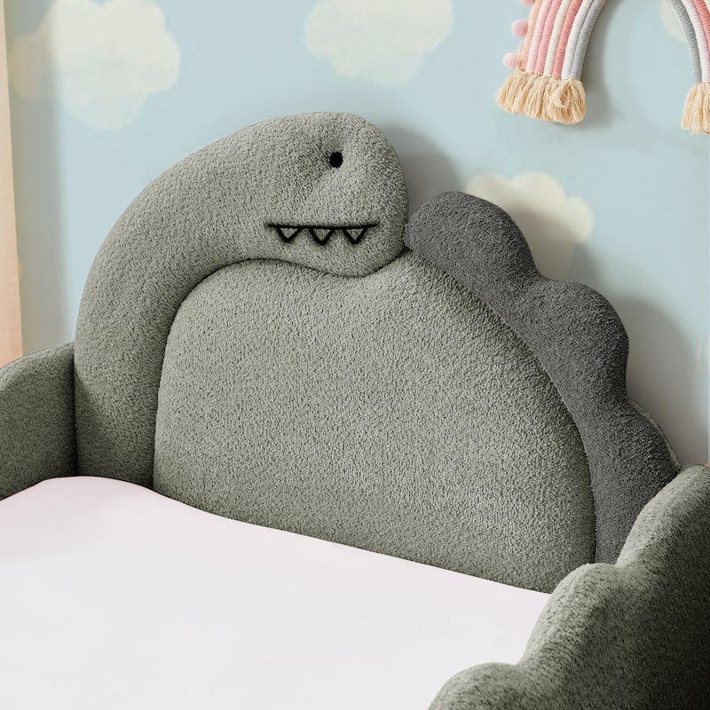 Twin Dinosaur-Shaped Kids Bed with Safety Guardrail - Solid Wood Toddler Bed Frame in Boucle Fabric