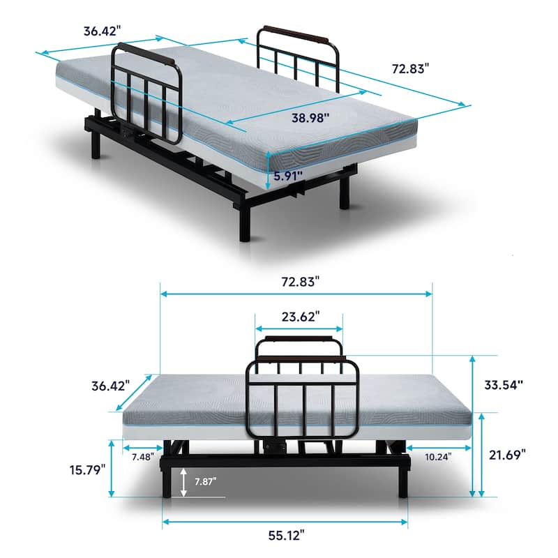 Electric Adjustable Bed with Memory Foam Mattress, Safety Rails, and Detachable Tray for Seniors and Recovery