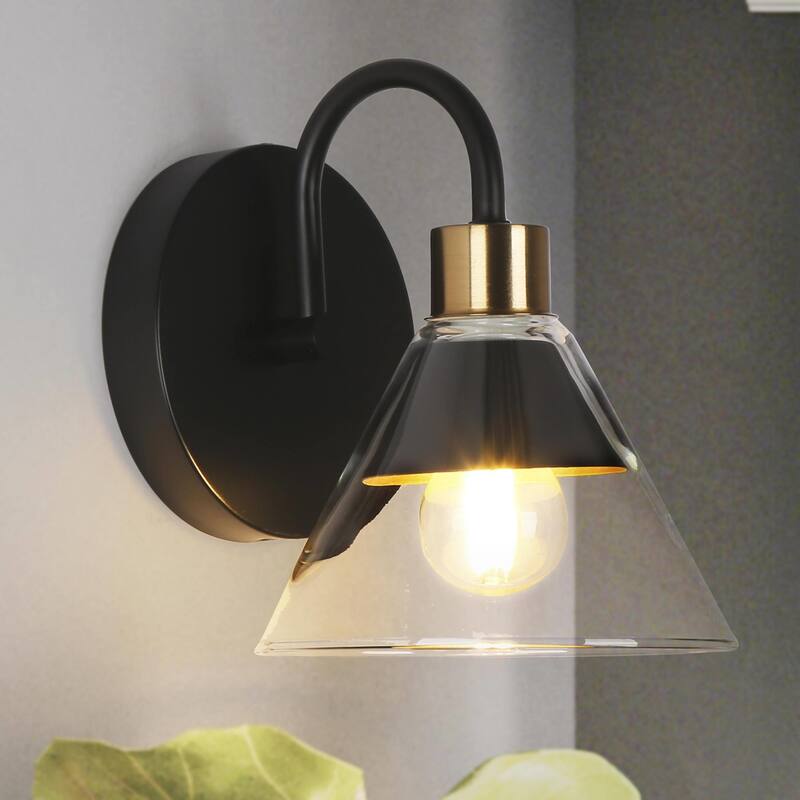 Petia Modern Farmhouse 1-Light Wall Scocnes Glass Bathroom Vanity Lights with Cone Shade - L 5.5" x D 6.7" x H 6.7" - L 5.5" x D 6.7" x H 6.7" - Black