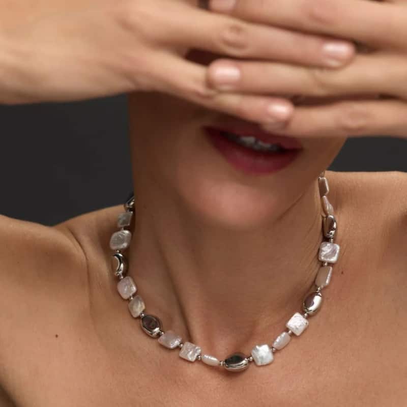 Bliss Diamond Pina Square Pearl Silver Necklace