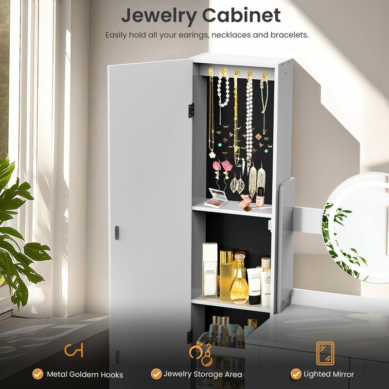 White Vanity Set With Full-Length LED Mirror & Jewelry Cabinet, 6 Drawers with Golden Handles