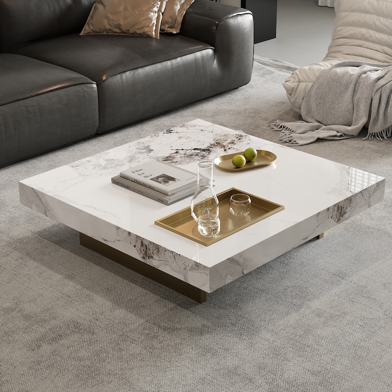 43" Mid Century Modern Square Coffee Table, Carbon Steel Legs - White Stone