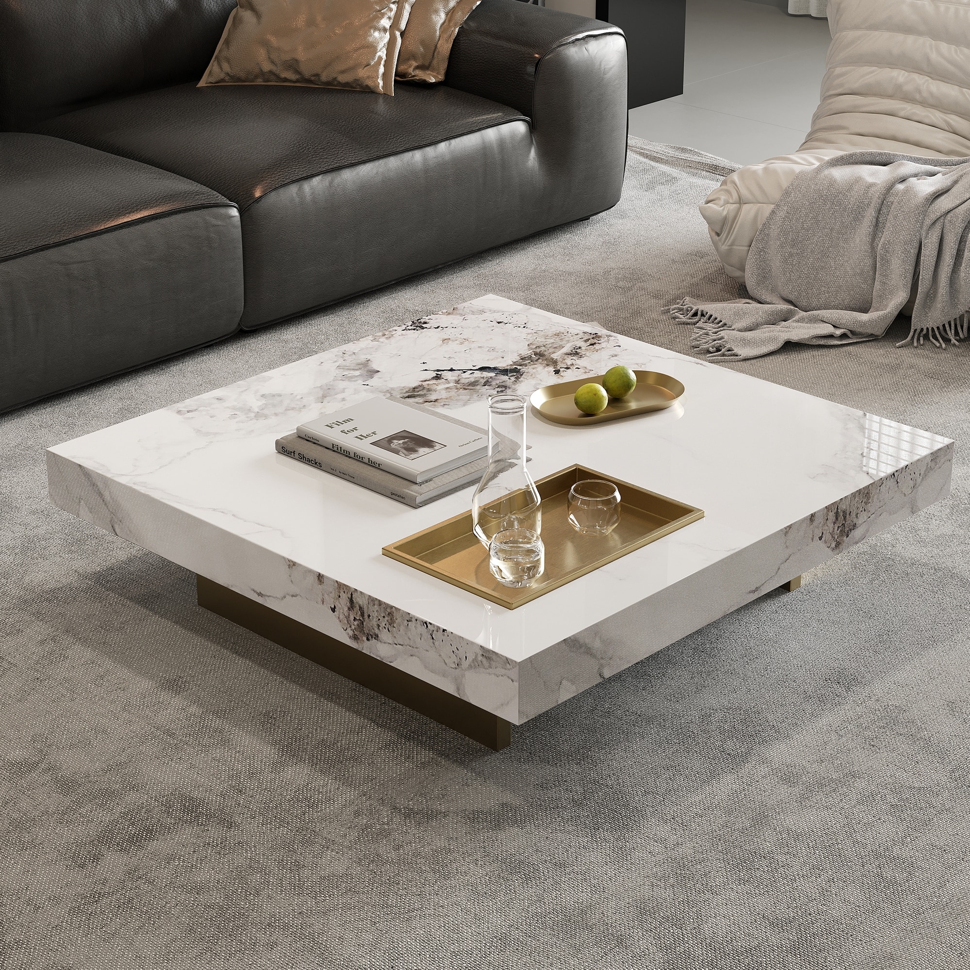 43" Mid Century Modern Square Coffee Table, Carbon Steel Legs