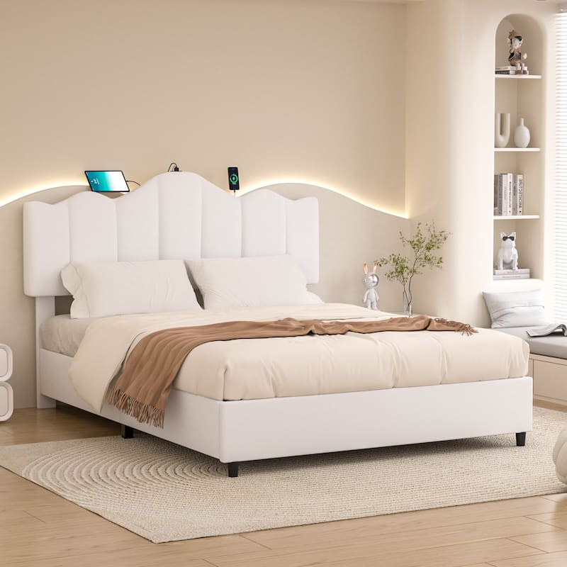 VECELO Platform Bed Frame with Type-C & USB Charging Stations, Upholstered Adjustable Headboard, Strong Wooden Slats Support