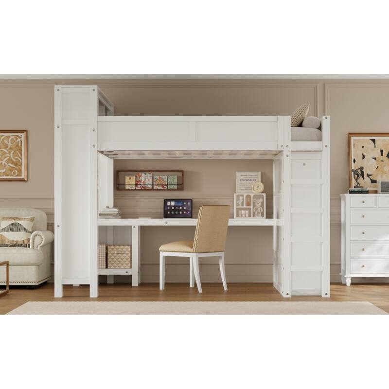 Roomfitters Queen Loft Bed with Wardrobe, Desk, Storage Headboard and USB