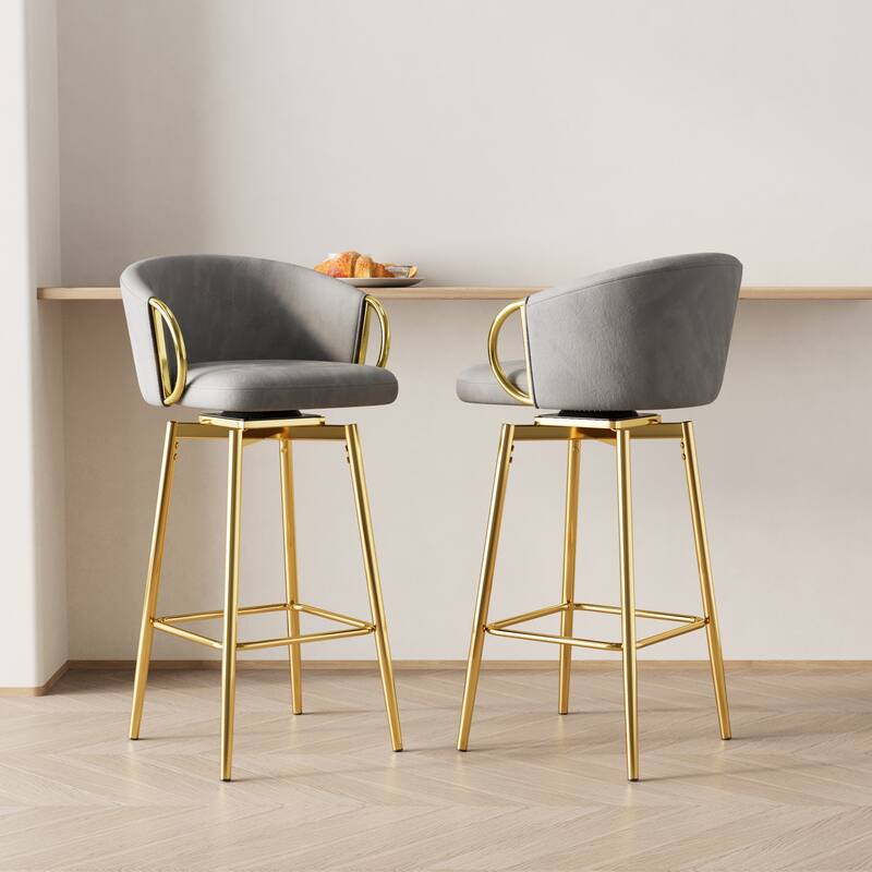 Counter Height Chairs Set of 2, Velvet Upholstered Kitchen Island Chair with Back, Dining Chairs with Metal Legs - Grey+Gold