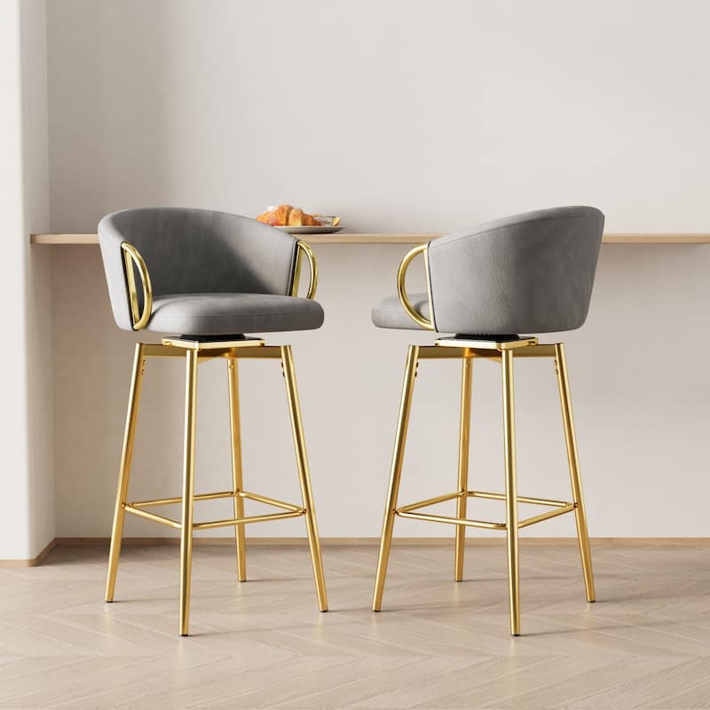 Velvet Bar Chair Set of 2, 360° Swivel Bar Chairs with Metal Legs, Upholstered Counter Height Bar Chairs w/Anti Slip Pads - Gold