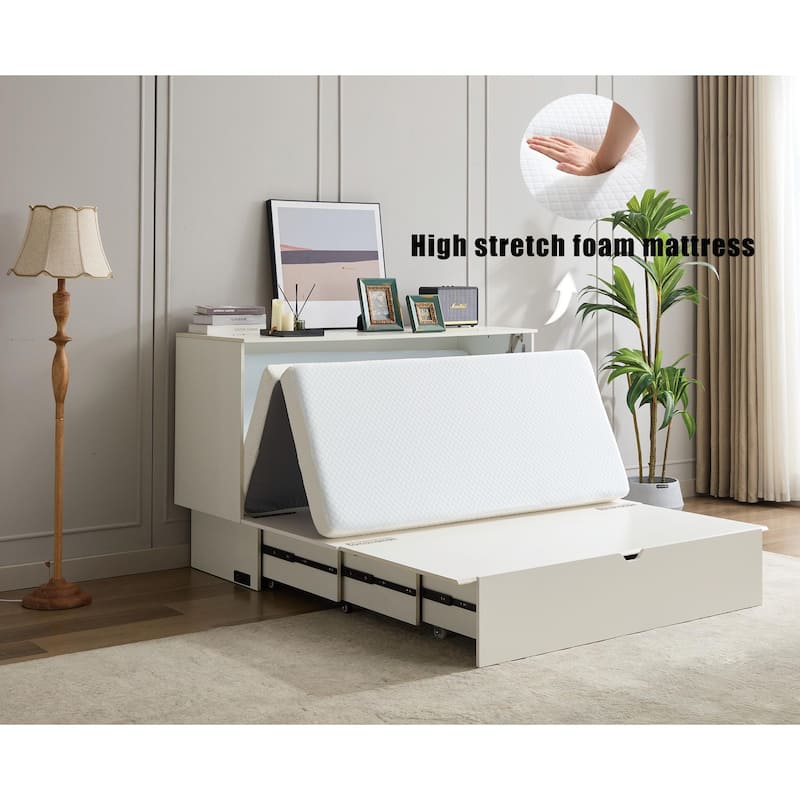 Queen Size Murphy Bed Chest with Storage Drawers, Wood Folding Wall Platform Bed Frame with Charging Station, Mattress Included