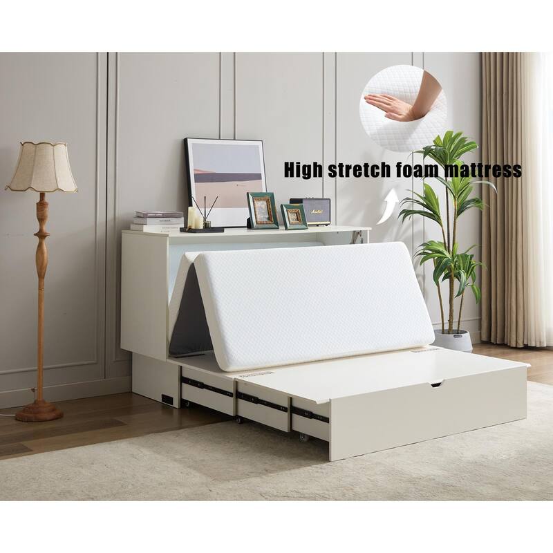 Queen Size Space-Saving Cabinet Bed with Storage, Folding Mattress, USB Ports, and Drawers