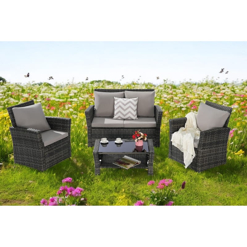 4-Piece Outdoor Patio Furniture Set, Garden Wicker Sofa with Poolside Lawn Chairs, Red Cushions, All-Weather Modular Design