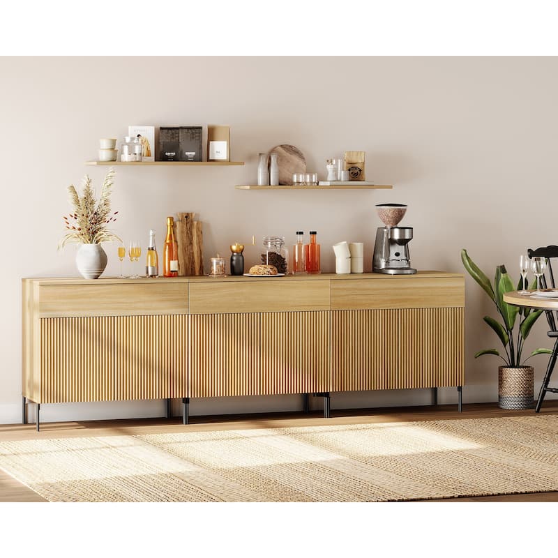 31.5" Wooden Reeded Sideboard With Doors And Drawer, Modern Credenza Storage Cabinet