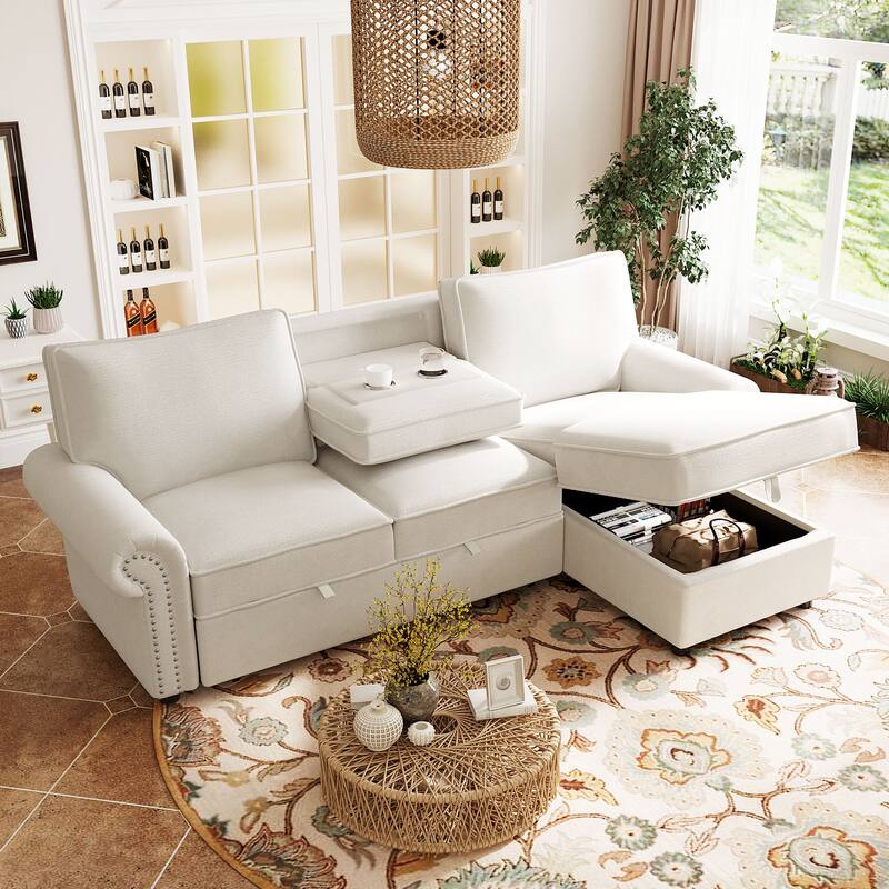 95" Convertible Sectional Sleeper Sofa with Storage Chaise, Pull-Down Tray & Cup Holders, Acacia Wood Frame (Polyester)
