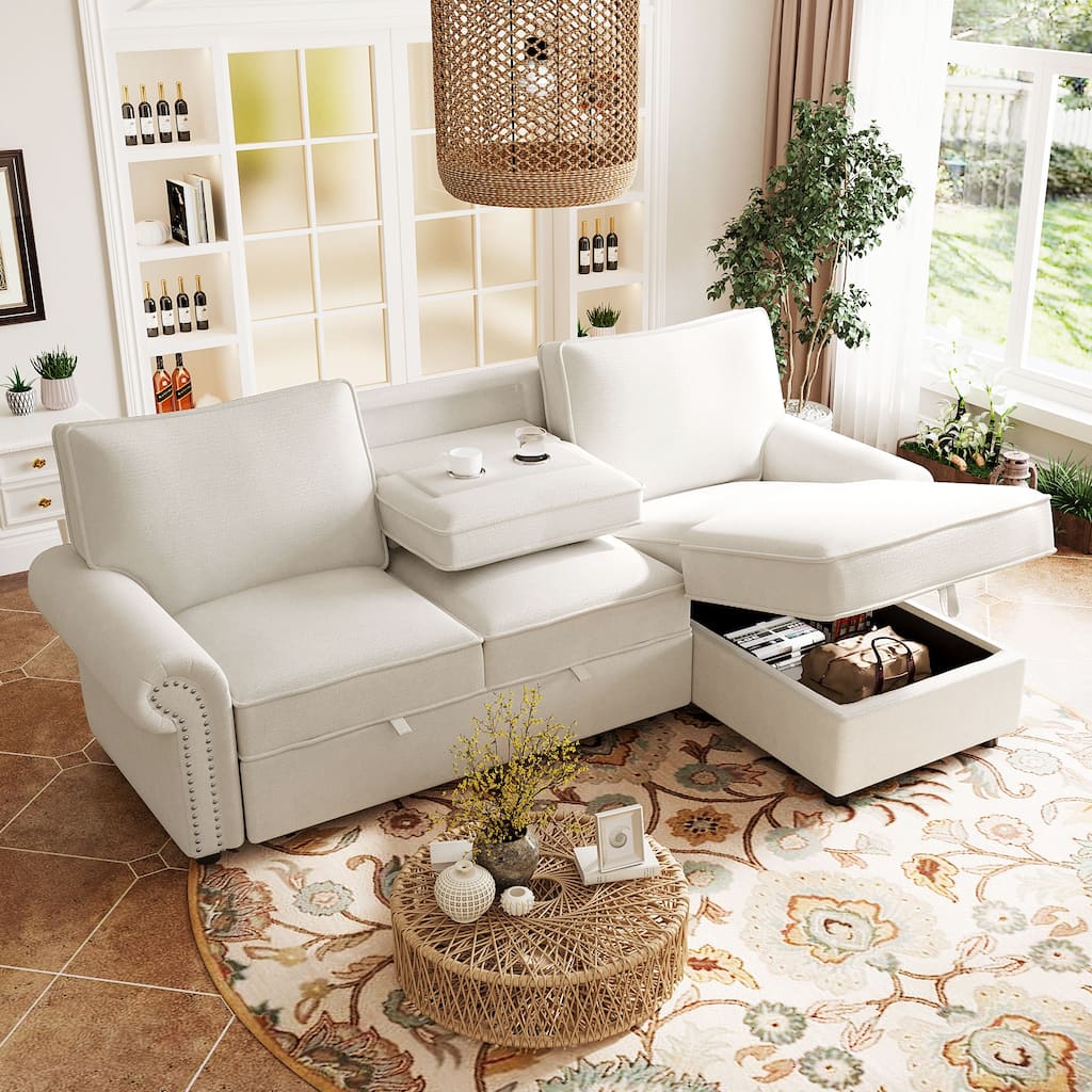 Convertible Sectional Sleeper Sofa with Storage Chaise, Pull-Down Backrest, Dual Cup Holders, Arc Armrests and Nailhead Trim