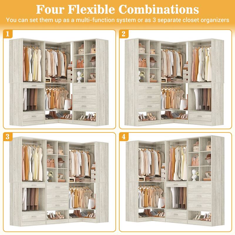 Qvella Corner Closet System with 4 Wooden Drawers & Hanging Rods & Pants Rack, Walk-in Closet Organizer System with Shoe Storage