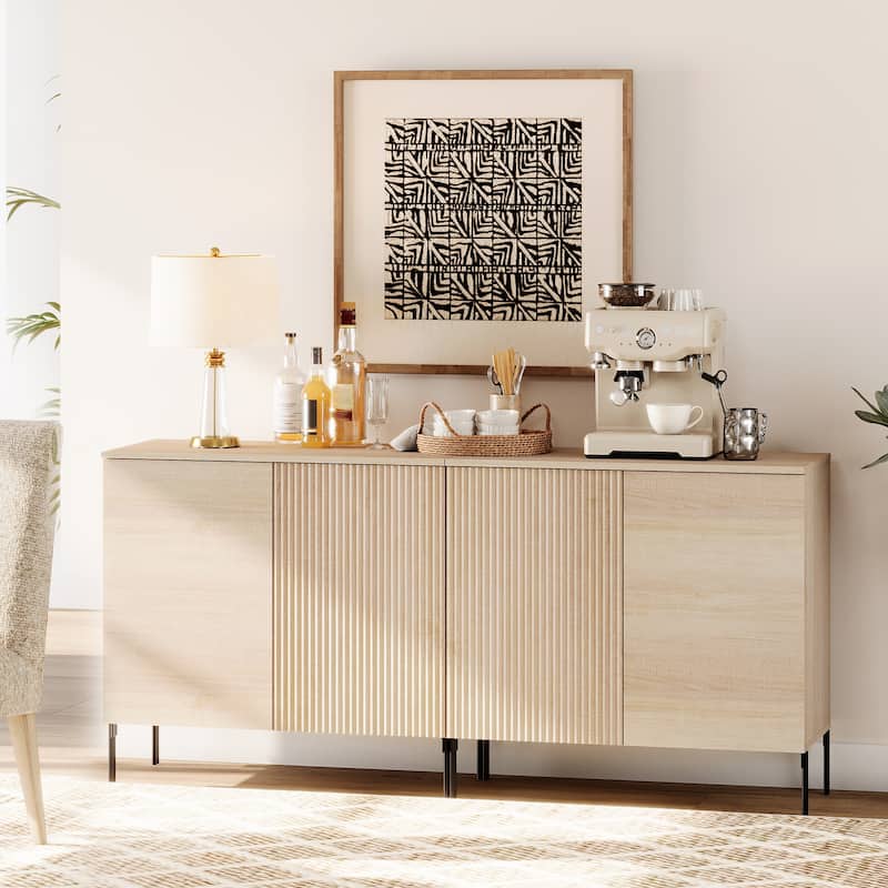 31.5" Wooden Reeded Sideboard With 2 Doors, Modern Credenza Storage Cabinet