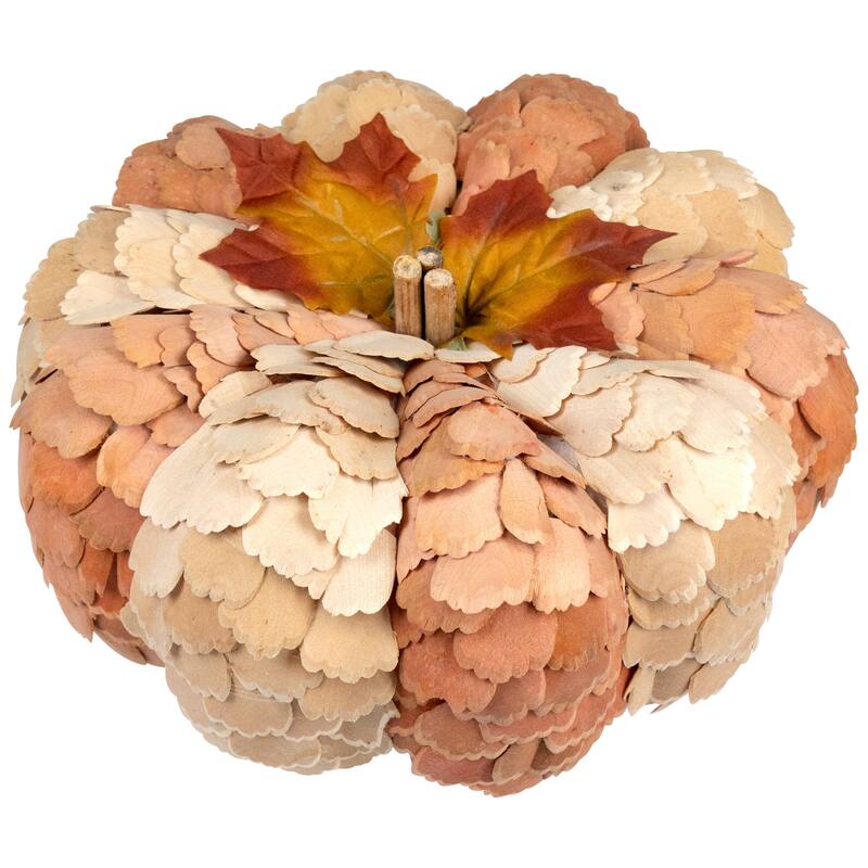 Fall Harvest Layered Wooden Leaves Pumpkin - 10" - Beige and Orange