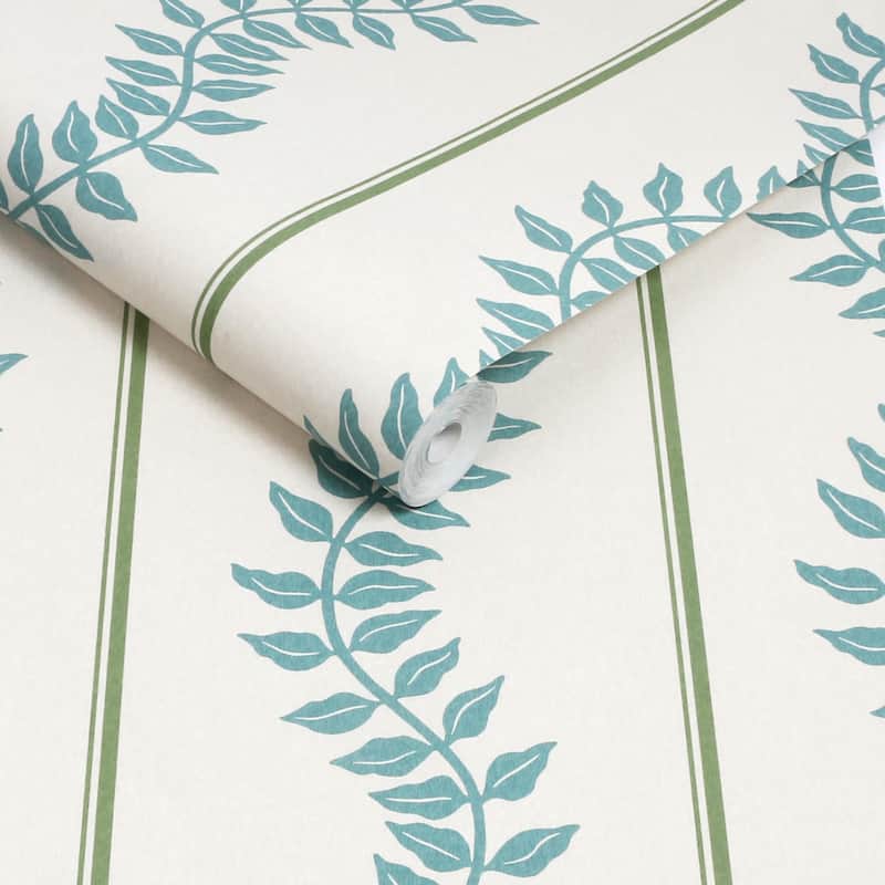 Graham & Brown Laurel Leaf Stripe Blue & Green Wallpaper
