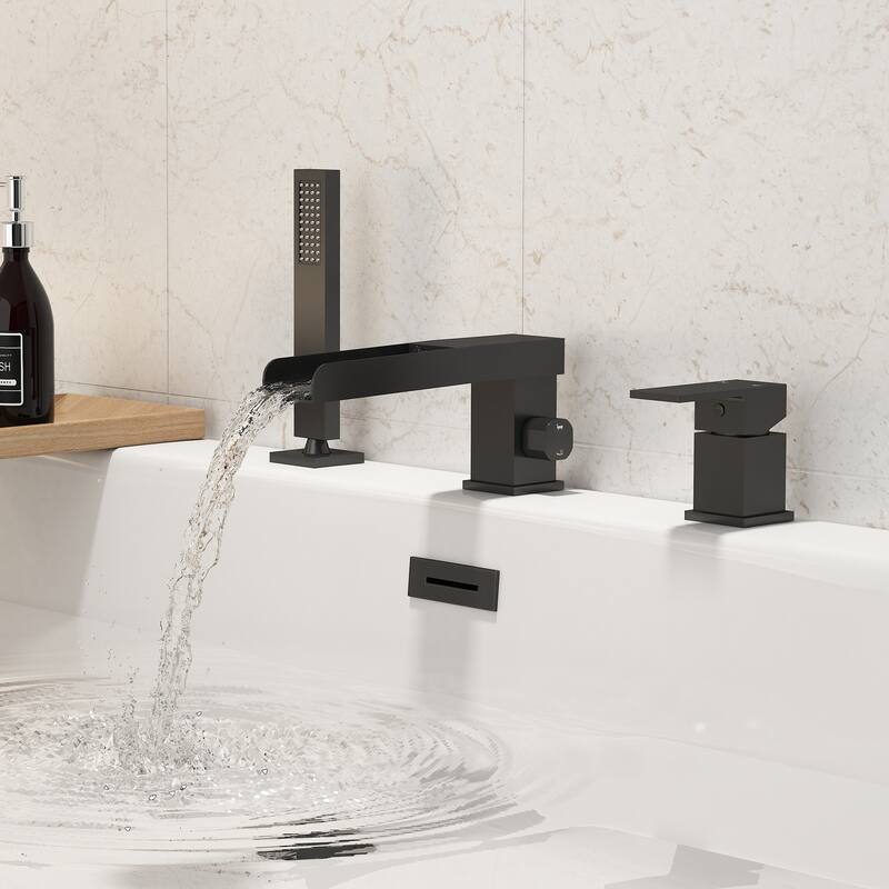 Bathtub Filler Faucet with Sprayer, Double-Handle Deck-Mount Roman Tub Faucet with Handshower, Pressure Balanced Valve Included