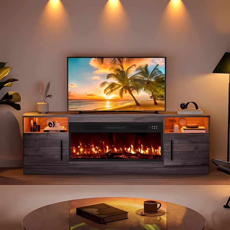 Bossin 70" Fireplace TV Stand with 36" Electric Fireplace, TV Stand for TVs Up to 80", 20 Colors LED Lights/Entertainment Center