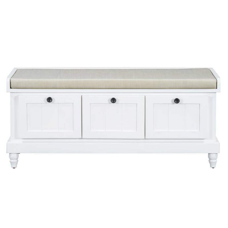 Classic Wood Shoe Bench with Cushion and 3 Drawers, Upholstered Storage Bench with Handle for Living Room, Entryway