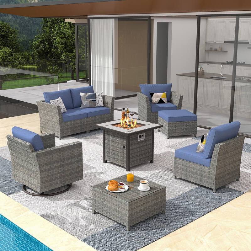 XIZZI 8-piece Outdoor Furniture Wicker Sofa Set with Fire Pit - Denim Blue