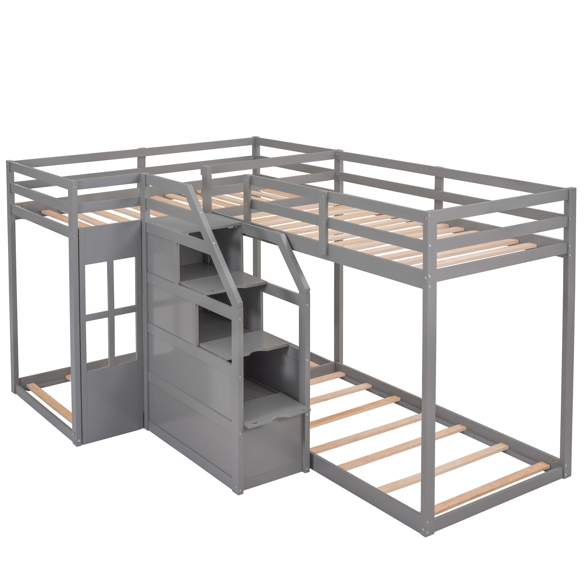 Twin over Twin L Shaped Bunk Bed w Built in Middle Staircase 4