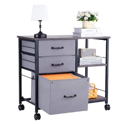 Iron and Wood 3 Drawer File Cabinet with Open Shelves and Casters
