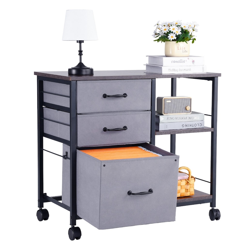 Iron and Wood 3 Drawer File Cabinet with Open Shelves and Casters