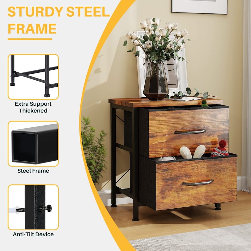 Nightstand, Bedside Table with 2 Storage Drawers, Wooden Top Fabric Cabinet Kids Mini Dresser for Bedroom, Closet, Entryway