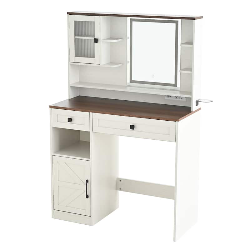 Rustic Makeup Vanity Desk with 3 Color Adjustable Touch Control Mirror, Built-in Power Outlets Dressing Table Set with Stool