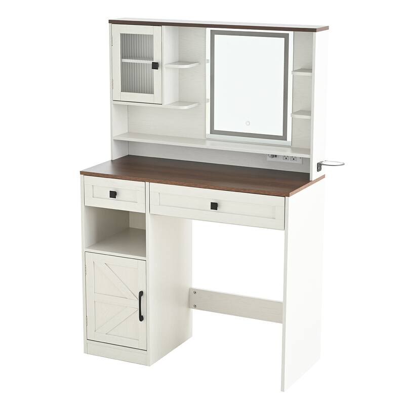 Vanity Desk with Touch Control Light Mirror, Dressing Table Set with Charging Station & Stool, Large Makeup Vanity Table