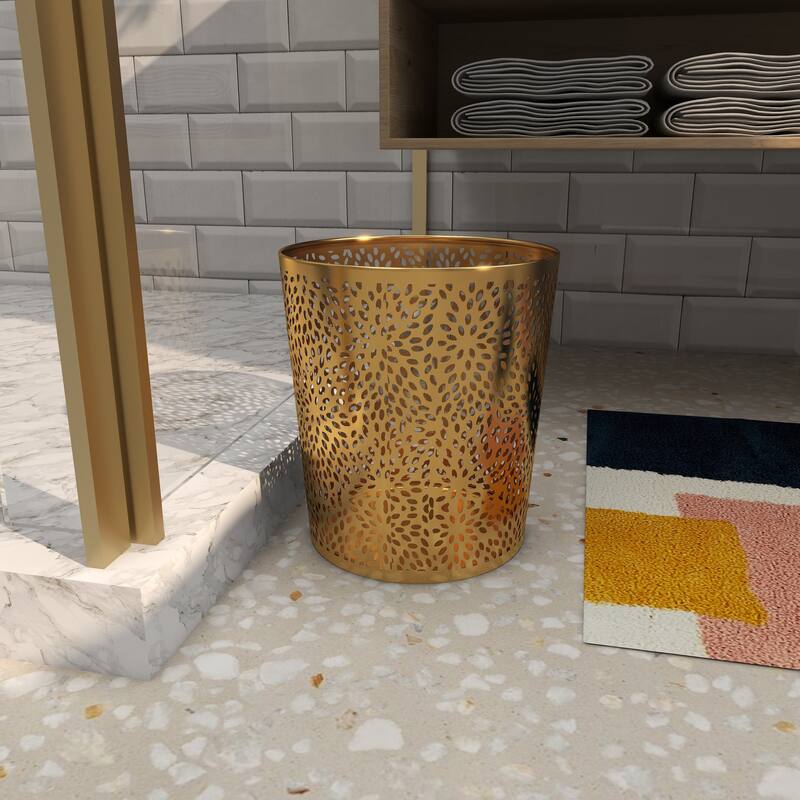 CosmoLiving by Cosmopolitan Gold Metal Small Waste Bin with Laser Carved Floral Design - 9 x 9 x 10