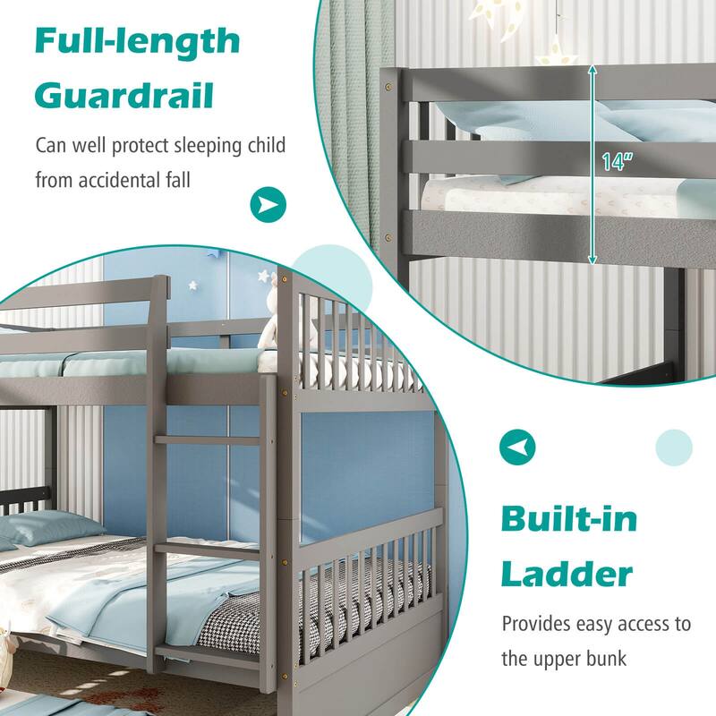 Costway Full over Full Bunk Bed Platform Wood Bed with Trundle &