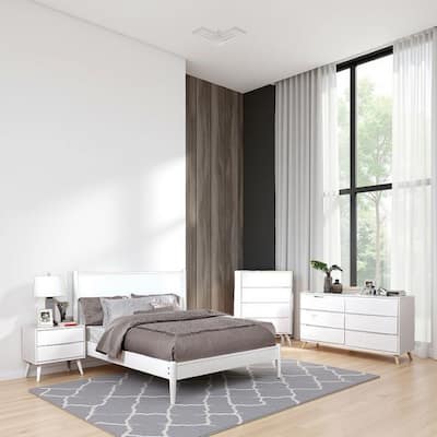 Bekor 3 Pc Full Size Bedroom Set, Mid-Century Modern Style, White Finish
