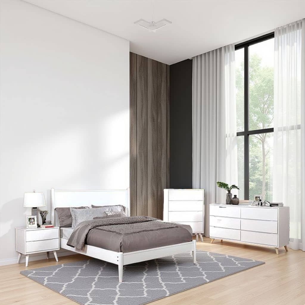 Bekor 3 Pc Full Size Bedroom Set, Mid-Century Modern Style, White Finish